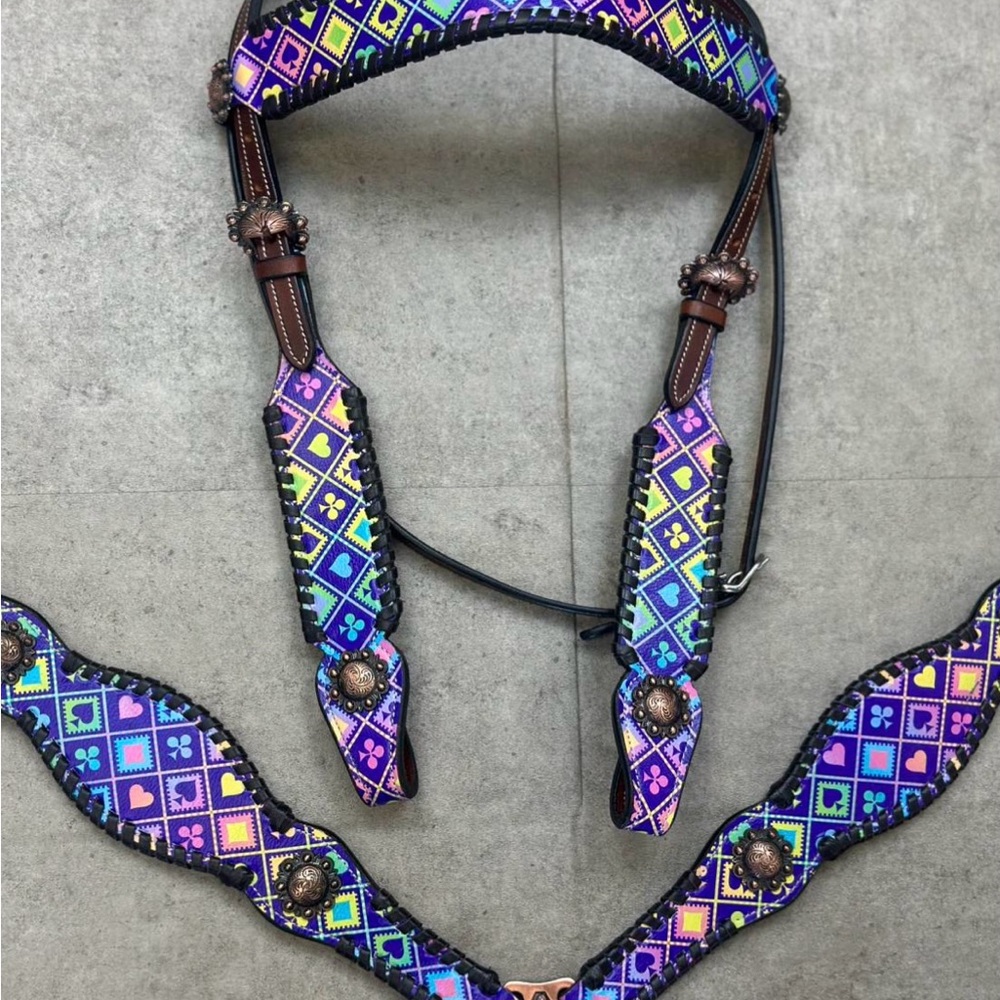 Hot Headstalls Multicolor Western Horse Tack Set - Vibrant Purple Pattern